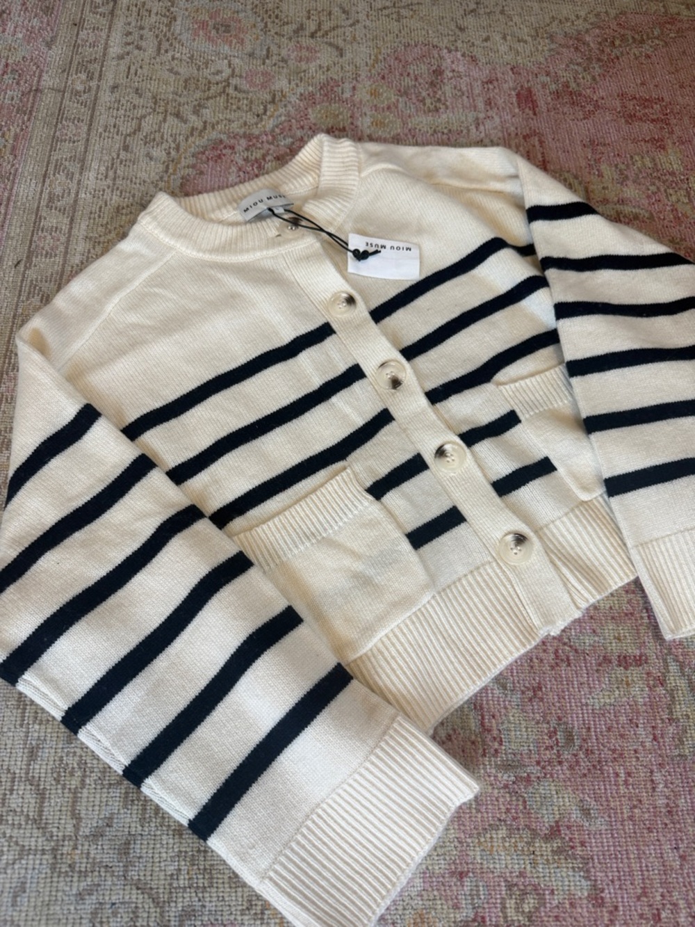 Striped Cream & Black Button-Front Cardigan Sweater